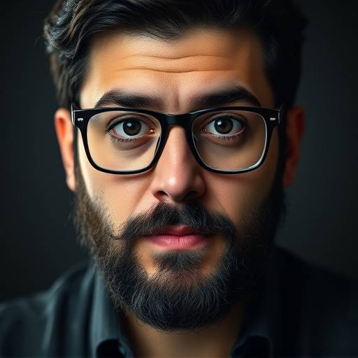 Ethan Garcia, a man with dark hair and a beard, wearing a glasses, looking passionate, embodying his expertise in Blockchain Technology.
