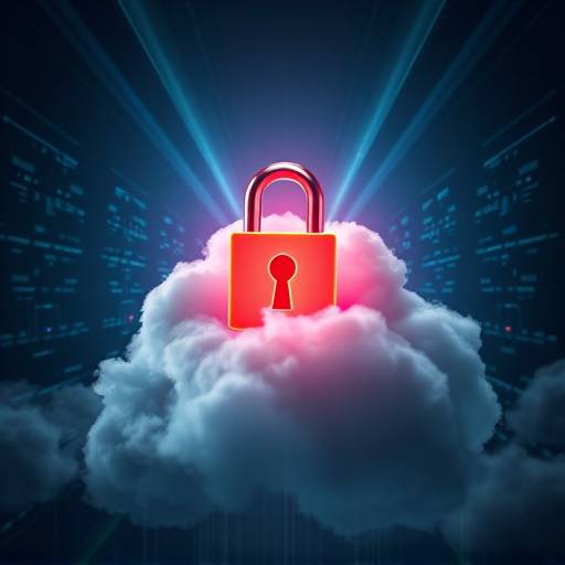 Lock symbol superimposed over a cloud data center, representing the importance of securing cloud infrastructure.