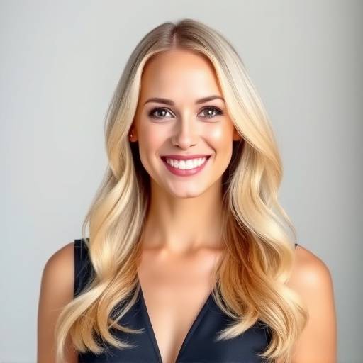 Olivia Wilson, a woman with blonde hair, wearing a stylish dress, smiling brightly, representing her expertise in UX/UI design.